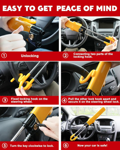 Steering Wheel Lock - Heavy Duty Antitheft Device and Car Security Lock with Adjustable Locking and 3 Keys - Great Vehicle and Truck Deterrent (Yellow)