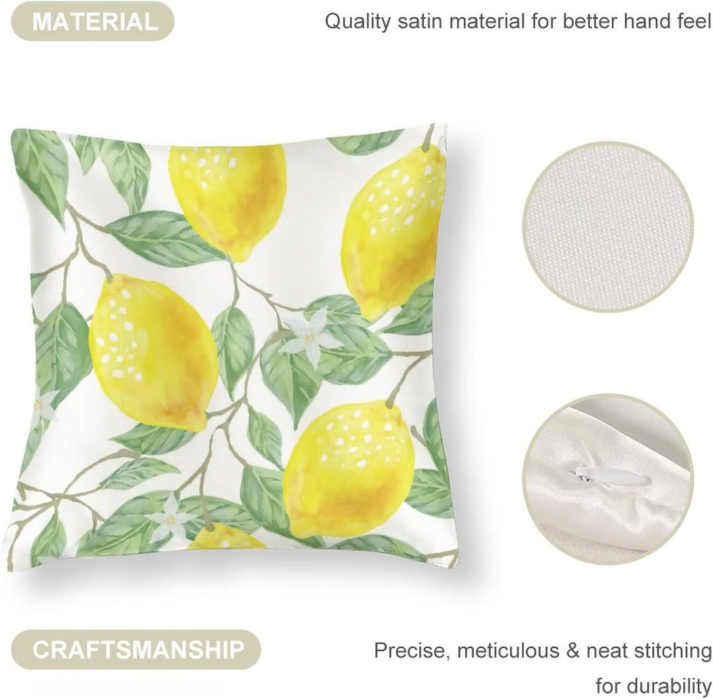 Couch Pillows 16"x16" Lemon Bliss Satin Modern Cushion Case Yellow Lemon Throw Pillow Covers Zippered Pillow Case Farmhouse Rustic Cushion Case for Sofa Couch Soft Cooling Printed Pillow Cases