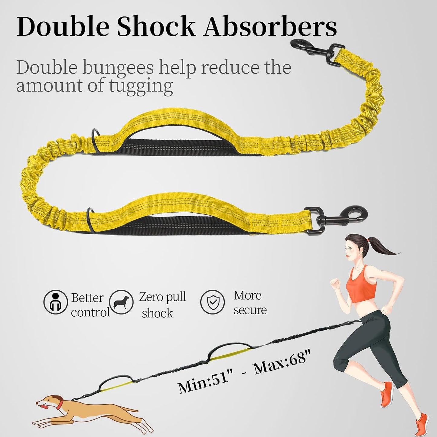 Hands Free Dog Leash with Zipper Pouch, Large, 25-120 lbs, Yellow | Waist Leash, Dual Padded Handles, Shock-Absorbing Bungee, Adjustable Waist Belt, Walking and Running