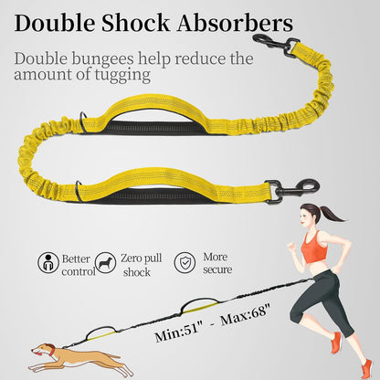 Hands Free Dog Leash with Zipper Pouch, Large, 25-120 lbs, Yellow | Waist Leash, Dual Padded Handles, Shock-Absorbing Bungee, Adjustable Waist Belt, Walking and Running