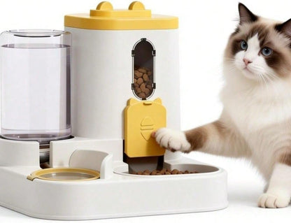 Dual Bowl Pet Feeder & Water Dispenser – Automatic 2-in-1 Design with Large Capacity Food & Water Containers for Cats & Dogs, Gravity-Fed, Leak-Proof, Non-Slip Base, Easy Refill (Yellow)