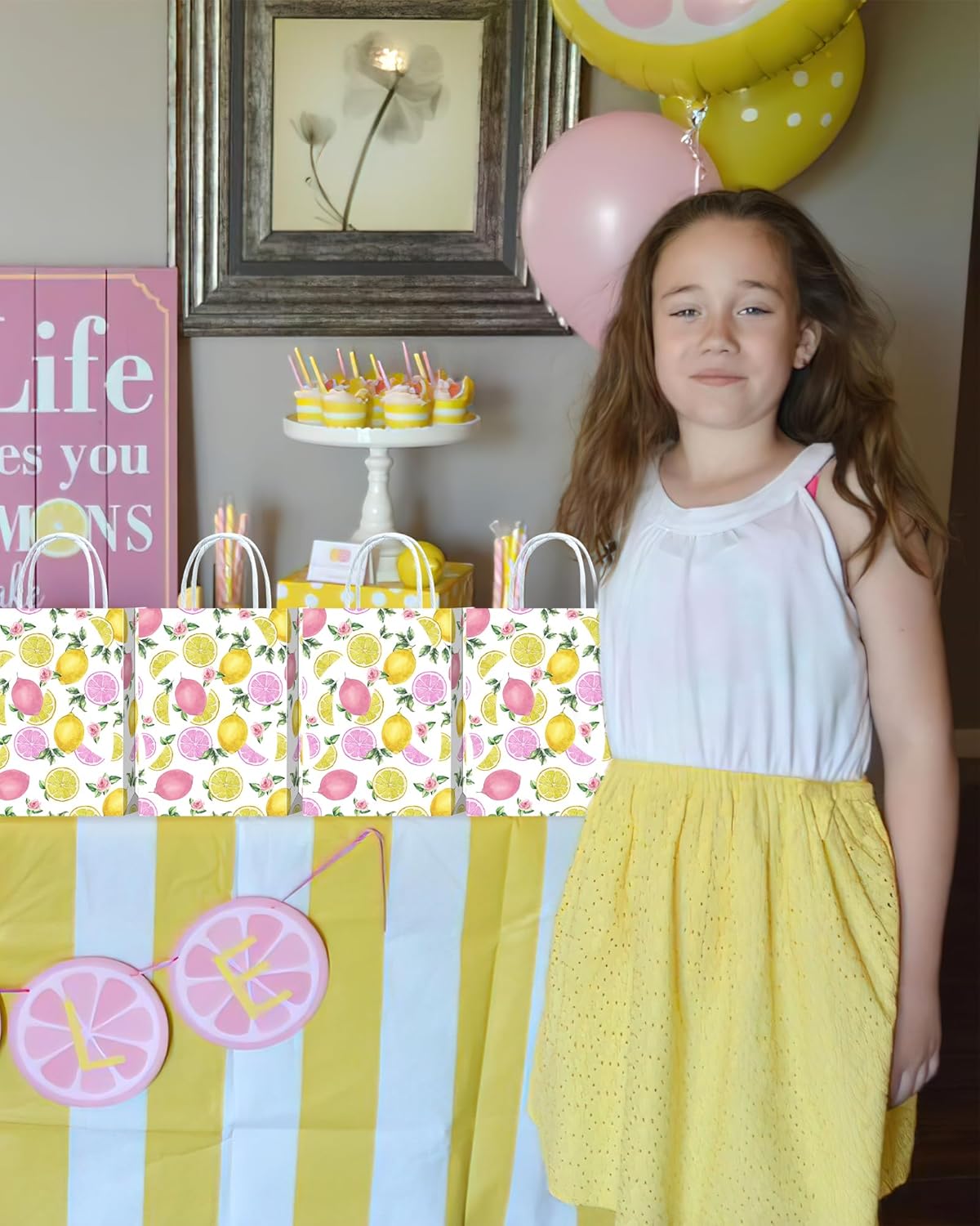 16 Pcs Pink Lemon Party Favor Bags for Pink Lemonade Party Decorations, Lemonade Decorations & Lemon Day Supplies Gift Bags