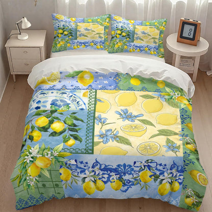 Lemon Bedding Set,Retro Patchwork Style Rustic Yellow Fruit Summer Plant Pattern Blue White Ceramic Tile Printed Comforter Set with Pillowcase for Bedroom Bed Decor,Twin 86"x70"