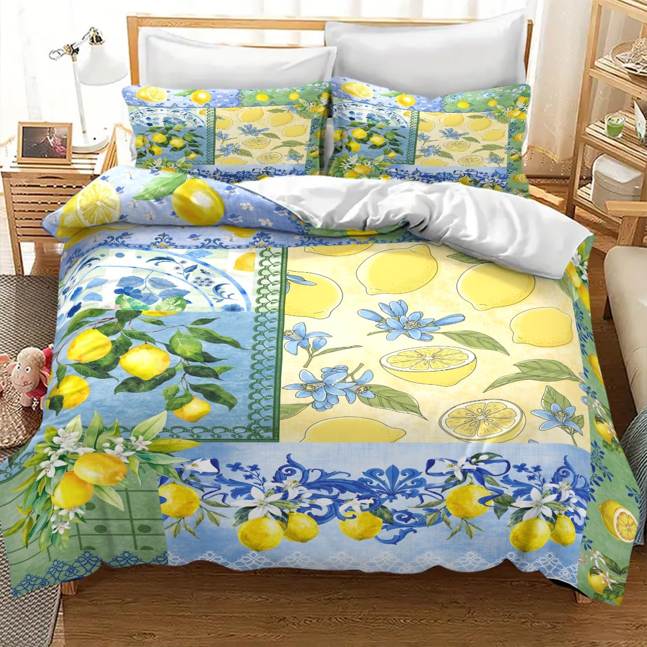 Lemon Bedding Set,Retro Patchwork Style Rustic Yellow Fruit Summer Plant Pattern Blue White Ceramic Tile Printed Comforter Set with Pillowcase for Bedroom Bed Decor,Twin 86"x70"