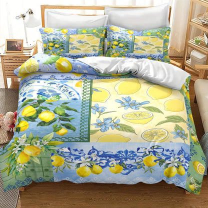 Lemon Bedding Set,Retro Patchwork Style Rustic Yellow Fruit Summer Plant Pattern Blue White Ceramic Tile Printed Comforter Set with Pillowcase for Bedroom Bed Decor,Twin 86"x70"