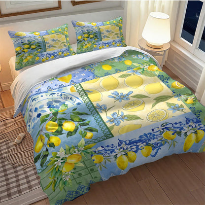 Lemon Bedding Set,Retro Patchwork Style Rustic Yellow Fruit Summer Plant Pattern Blue White Ceramic Tile Printed Comforter Set with Pillowcase for Bedroom Bed Decor,Twin 86"x70"