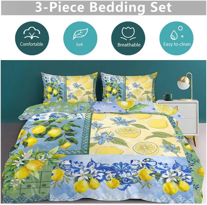 Lemon Bedding Set,Retro Patchwork Style Rustic Yellow Fruit Summer Plant Pattern Blue White Ceramic Tile Printed Comforter Set with Pillowcase for Bedroom Bed Decor,Twin 86"x70"