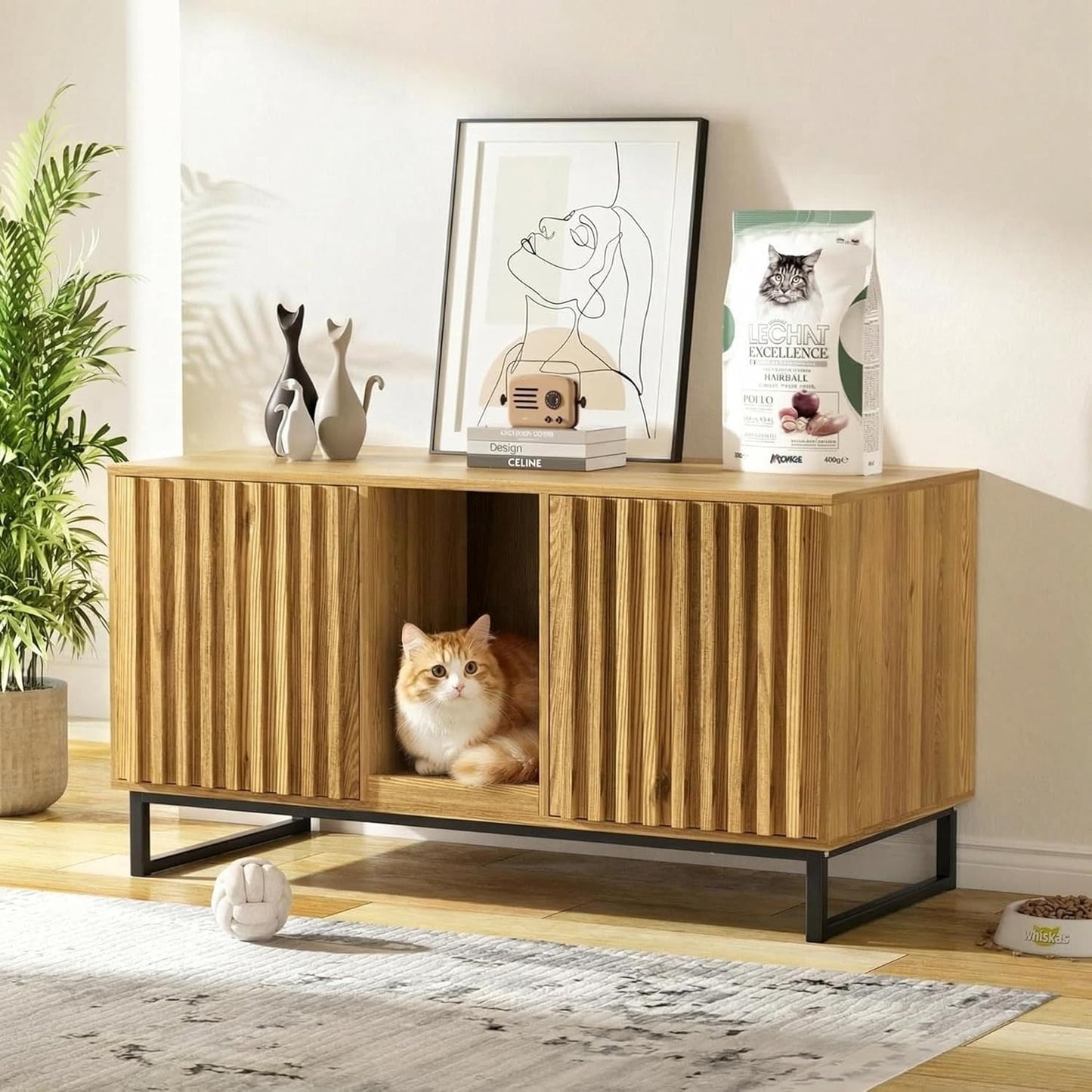 47.2” Large Cat Litter Box Enclosure with Scratch Pad, Double Hidden Wooden Indoor Cat House, TV Stand Side Table Pet Washroom Furniture for 2 Cats, Natural Yellow