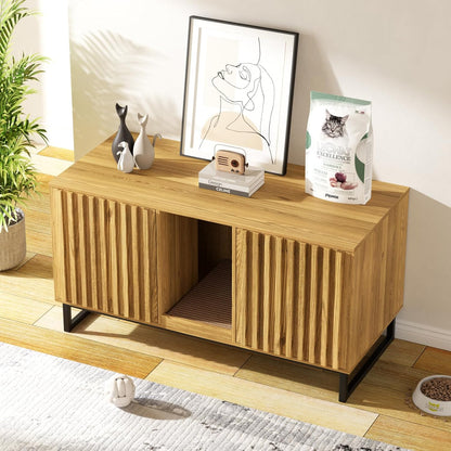 47.2” Large Cat Litter Box Enclosure with Scratch Pad, Double Hidden Wooden Indoor Cat House, TV Stand Side Table Pet Washroom Furniture for 2 Cats, Natural Yellow