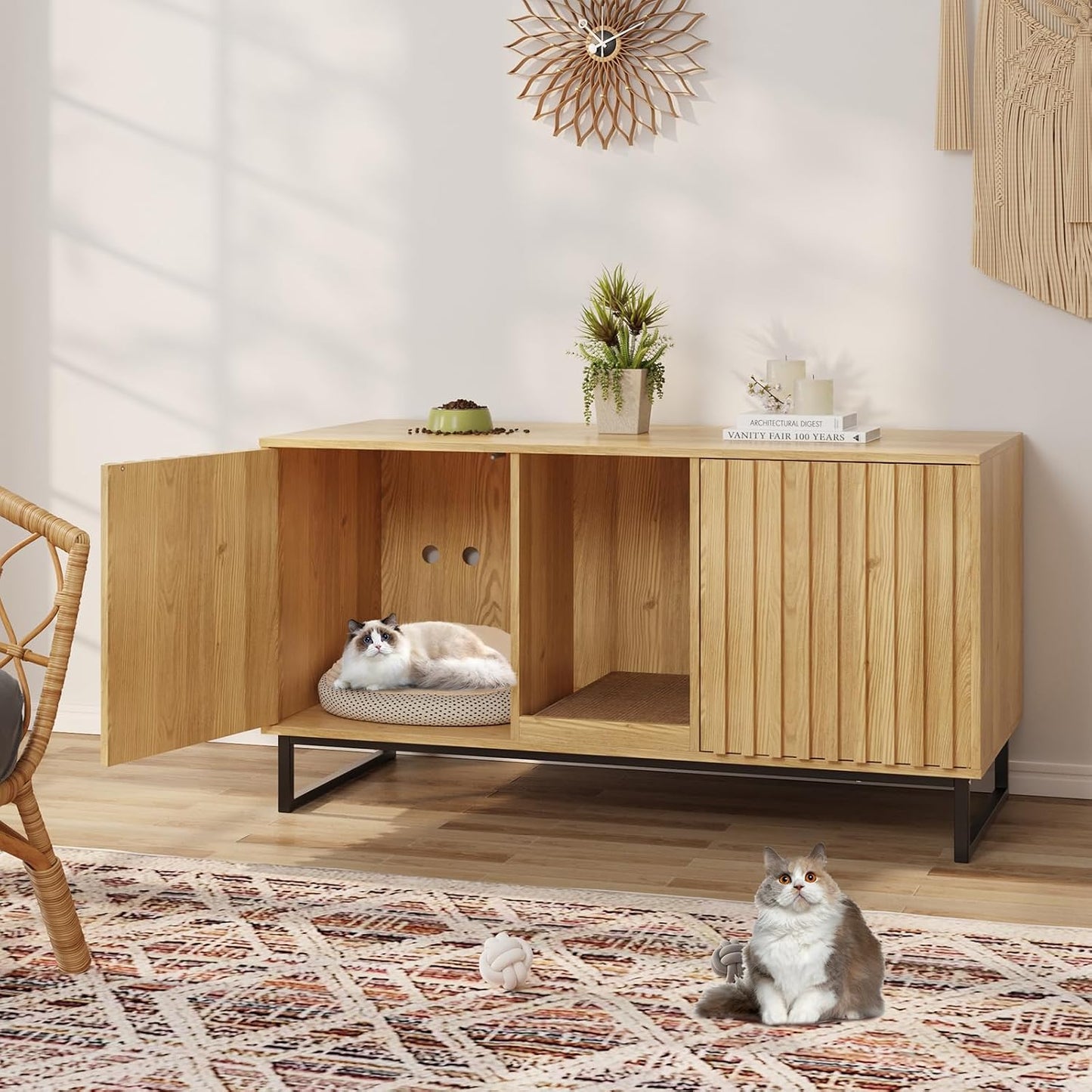 47.2” Large Cat Litter Box Enclosure with Scratch Pad, Double Hidden Wooden Indoor Cat House, TV Stand Side Table Pet Washroom Furniture for 2 Cats, Natural Yellow
