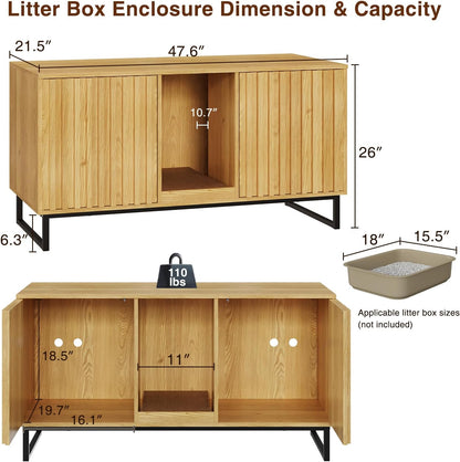 47.2” Large Cat Litter Box Enclosure with Scratch Pad, Double Hidden Wooden Indoor Cat House, TV Stand Side Table Pet Washroom Furniture for 2 Cats, Natural Yellow