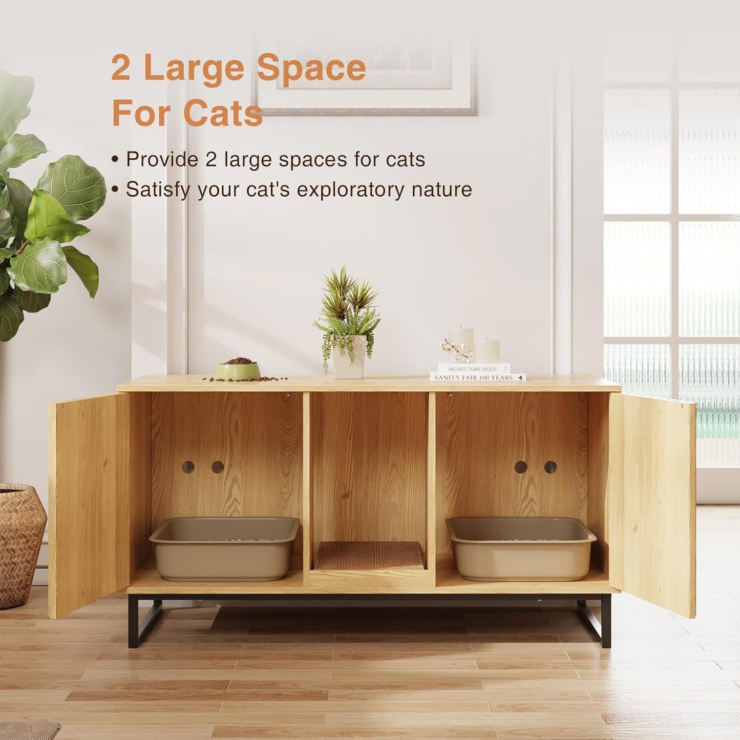 47.2” Large Cat Litter Box Enclosure with Scratch Pad, Double Hidden Wooden Indoor Cat House, TV Stand Side Table Pet Washroom Furniture for 2 Cats, Natural Yellow