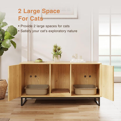 47.2” Large Cat Litter Box Enclosure with Scratch Pad, Double Hidden Wooden Indoor Cat House, TV Stand Side Table Pet Washroom Furniture for 2 Cats, Natural Yellow