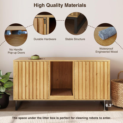 47.2” Large Cat Litter Box Enclosure with Scratch Pad, Double Hidden Wooden Indoor Cat House, TV Stand Side Table Pet Washroom Furniture for 2 Cats, Natural Yellow