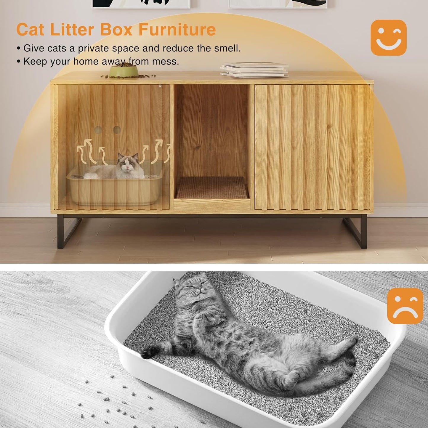 47.2” Large Cat Litter Box Enclosure with Scratch Pad, Double Hidden Wooden Indoor Cat House, TV Stand Side Table Pet Washroom Furniture for 2 Cats, Natural Yellow