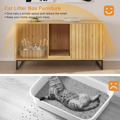 47.2” Large Cat Litter Box Enclosure with Scratch Pad, Double Hidden Wooden Indoor Cat House, TV Stand Side Table Pet Washroom Furniture for 2 Cats, Natural Yellow