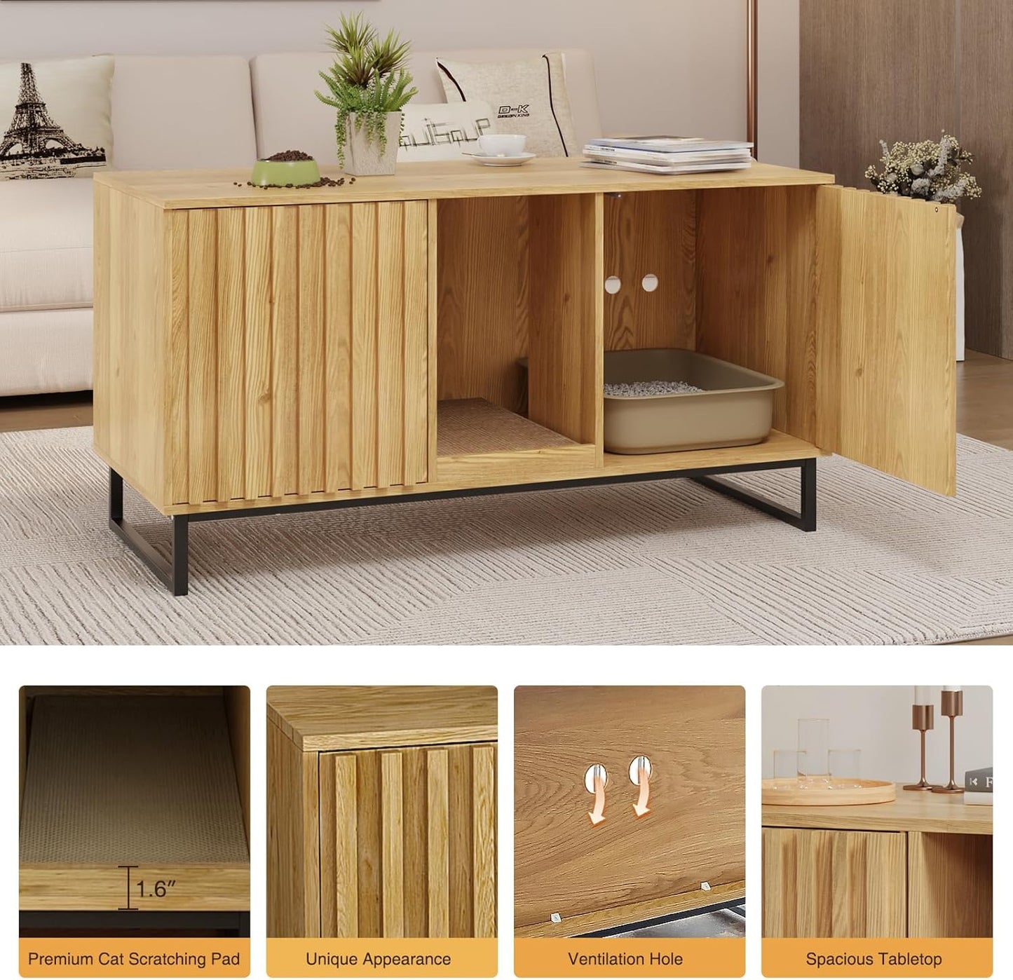 47.2” Large Cat Litter Box Enclosure with Scratch Pad, Double Hidden Wooden Indoor Cat House, TV Stand Side Table Pet Washroom Furniture for 2 Cats, Natural Yellow