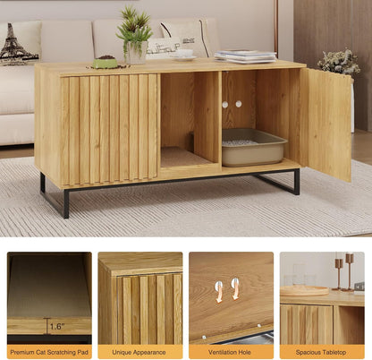 47.2” Large Cat Litter Box Enclosure with Scratch Pad, Double Hidden Wooden Indoor Cat House, TV Stand Side Table Pet Washroom Furniture for 2 Cats, Natural Yellow