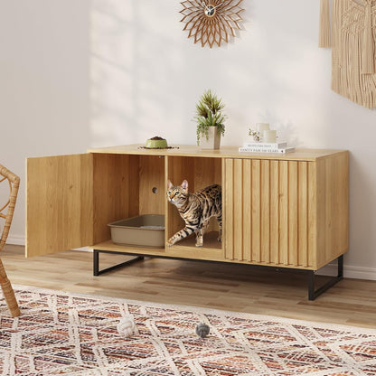 47.2” Large Cat Litter Box Enclosure with Scratch Pad, Double Hidden Wooden Indoor Cat House, TV Stand Side Table Pet Washroom Furniture for 2 Cats, Natural Yellow