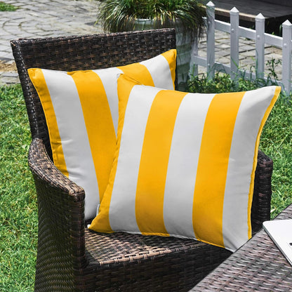 Pack of 2 Decorative Outdoor Solid Waterproof Striped Throw Pillow Covers Polyester Linen Garden Farmhouse Cushion Cases for Patio Tent Balcony Couch Sofa 18x18 inch Yellow