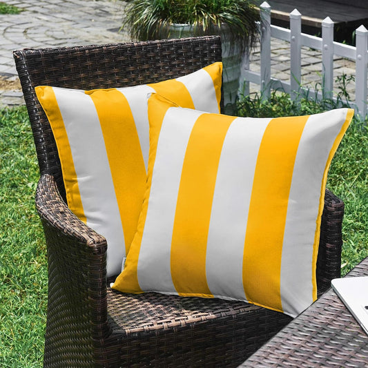 Pack of 2 Decorative Outdoor Solid Waterproof Striped Throw Pillow Covers Polyester Linen Garden Farmhouse Cushion Cases for Patio Tent Balcony Couch Sofa 18x18 inch Yellow