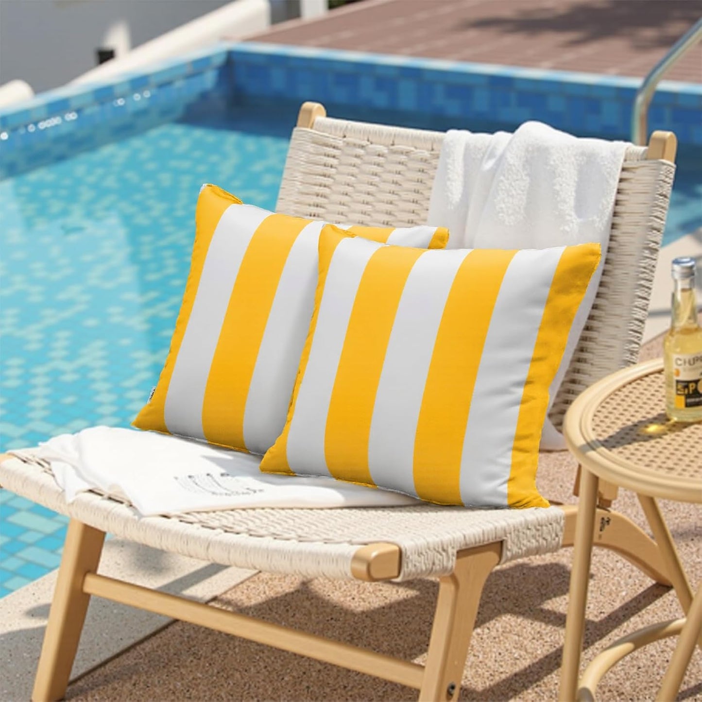 Pack of 2 Decorative Outdoor Solid Waterproof Striped Throw Pillow Covers Polyester Linen Garden Farmhouse Cushion Cases for Patio Tent Balcony Couch Sofa 18x18 inch Yellow