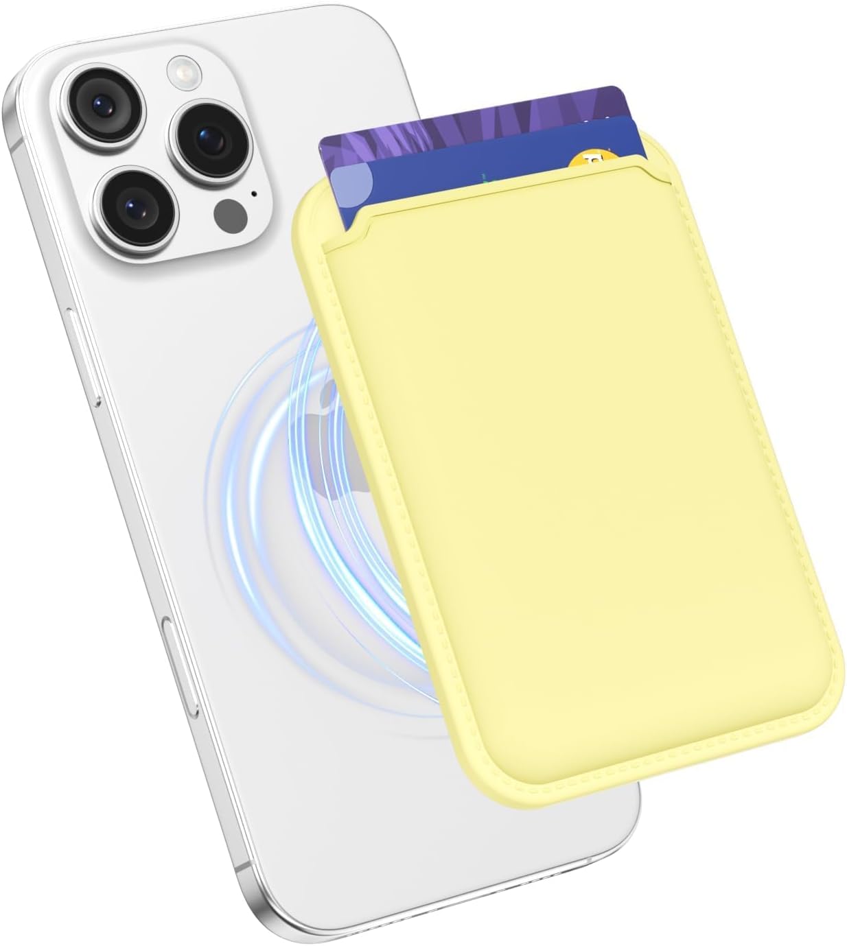 Magnetic Phone Wallet Stick On, Secure Phone Card Holder Silicone Compatible with Magsafe, Adhesive Pocket Sleeve ID Credit Card, Slim Thin Card Case, Compatible with iPhone Samsung, Yellow