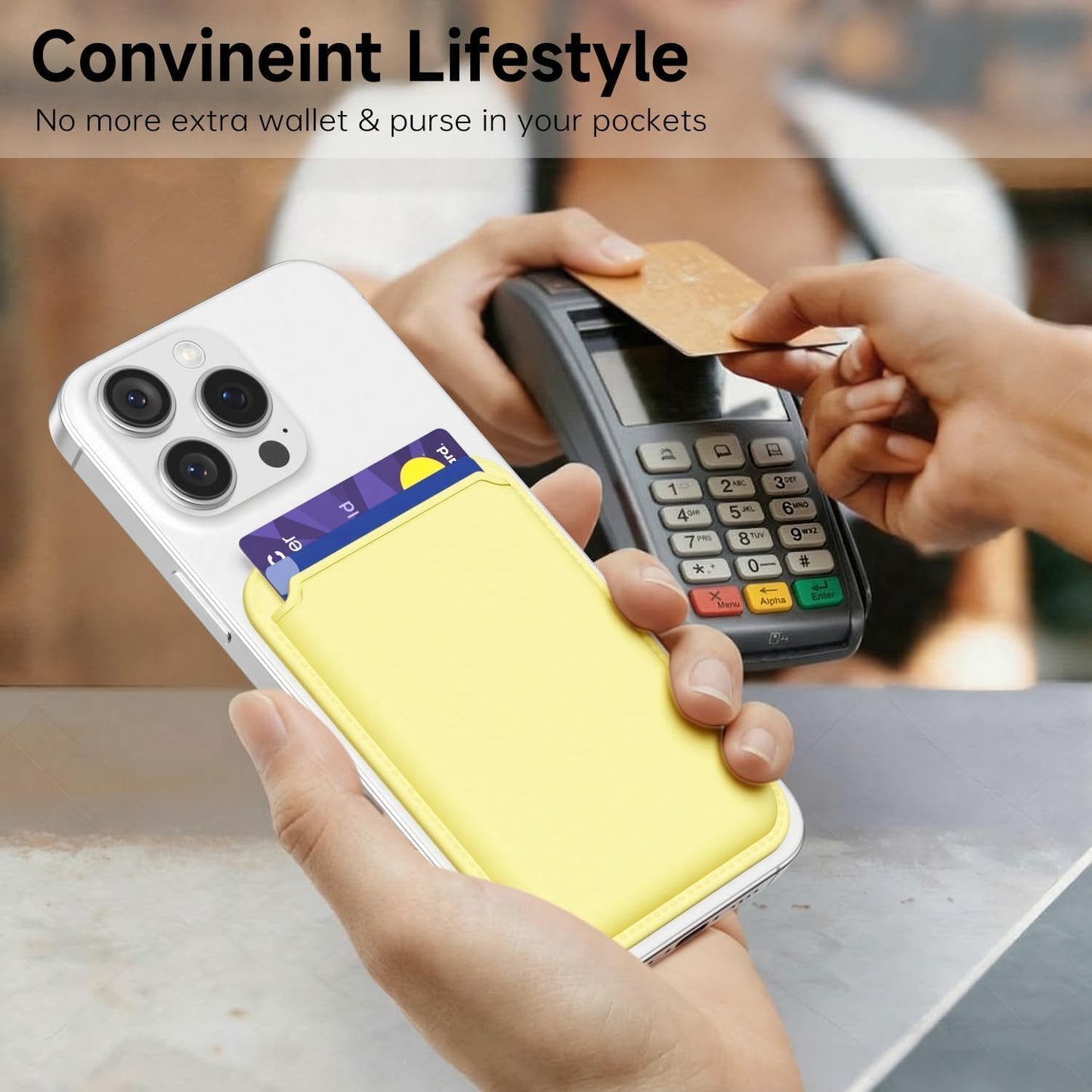 Magnetic Phone Wallet Stick On, Secure Phone Card Holder Silicone Compatible with Magsafe, Adhesive Pocket Sleeve ID Credit Card, Slim Thin Card Case, Compatible with iPhone Samsung, Yellow