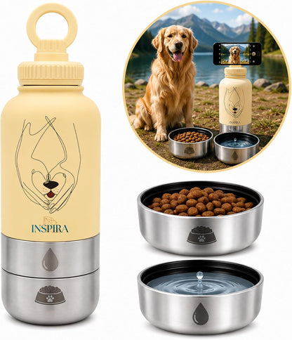 INSIPRA 32oz Dog Water Bottle with Food & Water Bowls – 3-in-1 Portable Pet Travel Bottle with Magnetic Phone Holder, Leakproof, BPA Free, Insulated (Yellow)