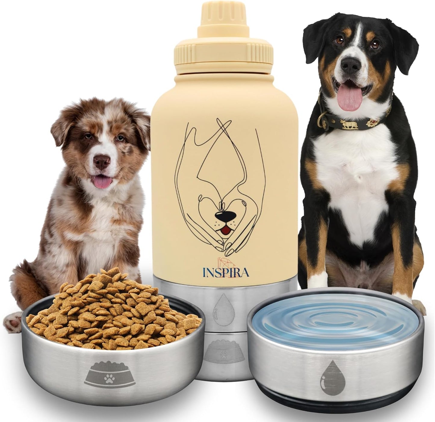 INSIPRA 32oz Dog Water Bottle with Food & Water Bowls – 3-in-1 Portable Pet Travel Bottle with Magnetic Phone Holder, Leakproof, BPA Free, Insulated (Yellow)