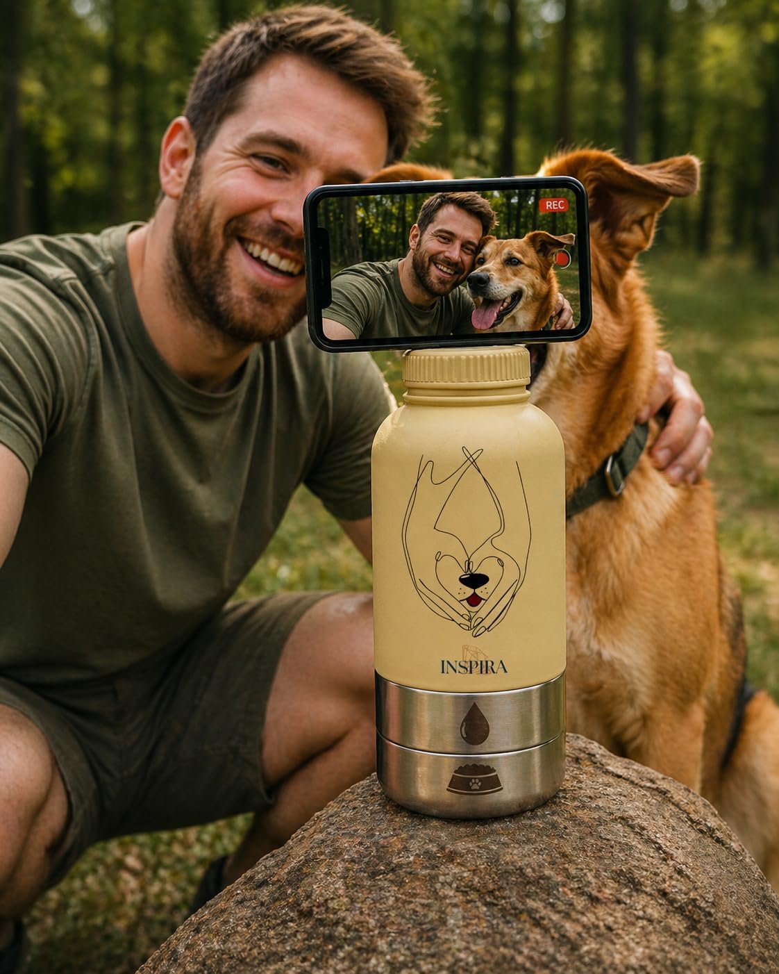 INSIPRA 32oz Dog Water Bottle with Food & Water Bowls – 3-in-1 Portable Pet Travel Bottle with Magnetic Phone Holder, Leakproof, BPA Free, Insulated (Yellow)