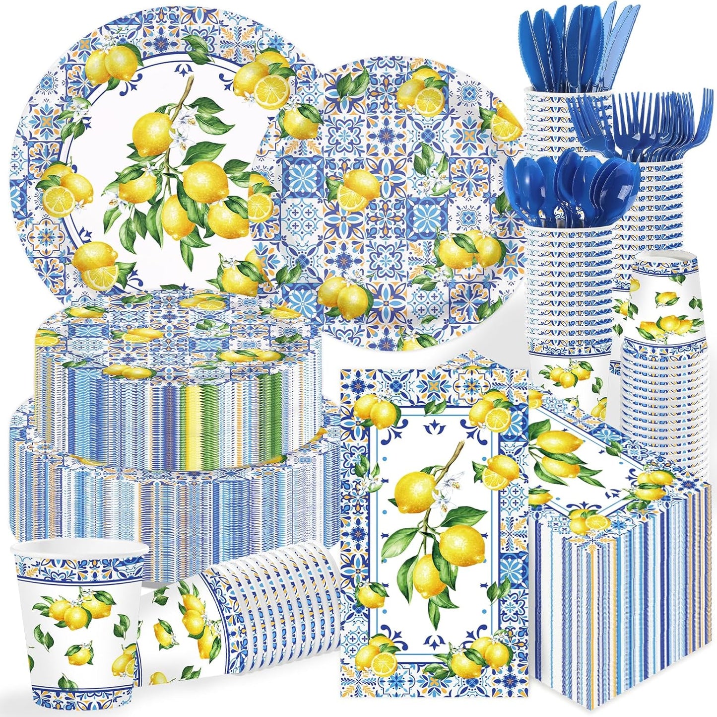 400Pcs Capri Lemon Party Decoration Blue Tiles Plates Napkins Cups Forks Knives Spoons Blue Yellow Lemons Disposable Tableware Set for Wedding Bridal Shower Italian Party Supplies Serves 50