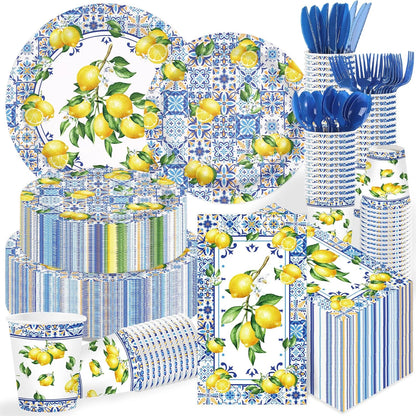 400Pcs Capri Lemon Party Decoration Blue Tiles Plates Napkins Cups Forks Knives Spoons Blue Yellow Lemons Disposable Tableware Set for Wedding Bridal Shower Italian Party Supplies Serves 50