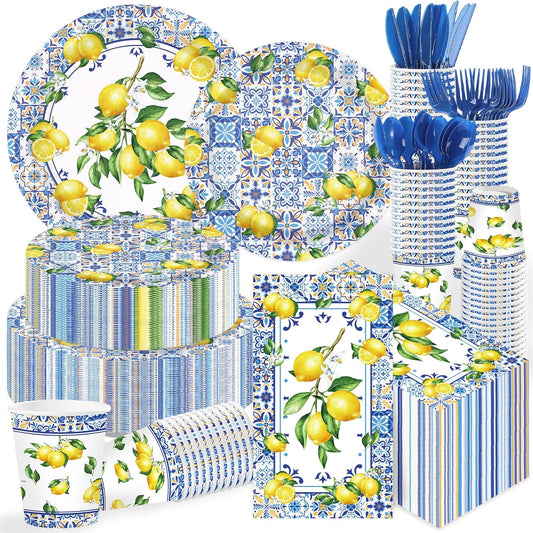 400Pcs Capri Lemon Party Decoration Blue Tiles Plates Napkins Cups Forks Knives Spoons Blue Yellow Lemons Disposable Tableware Set for Wedding Bridal Shower Italian Party Supplies Serves 50