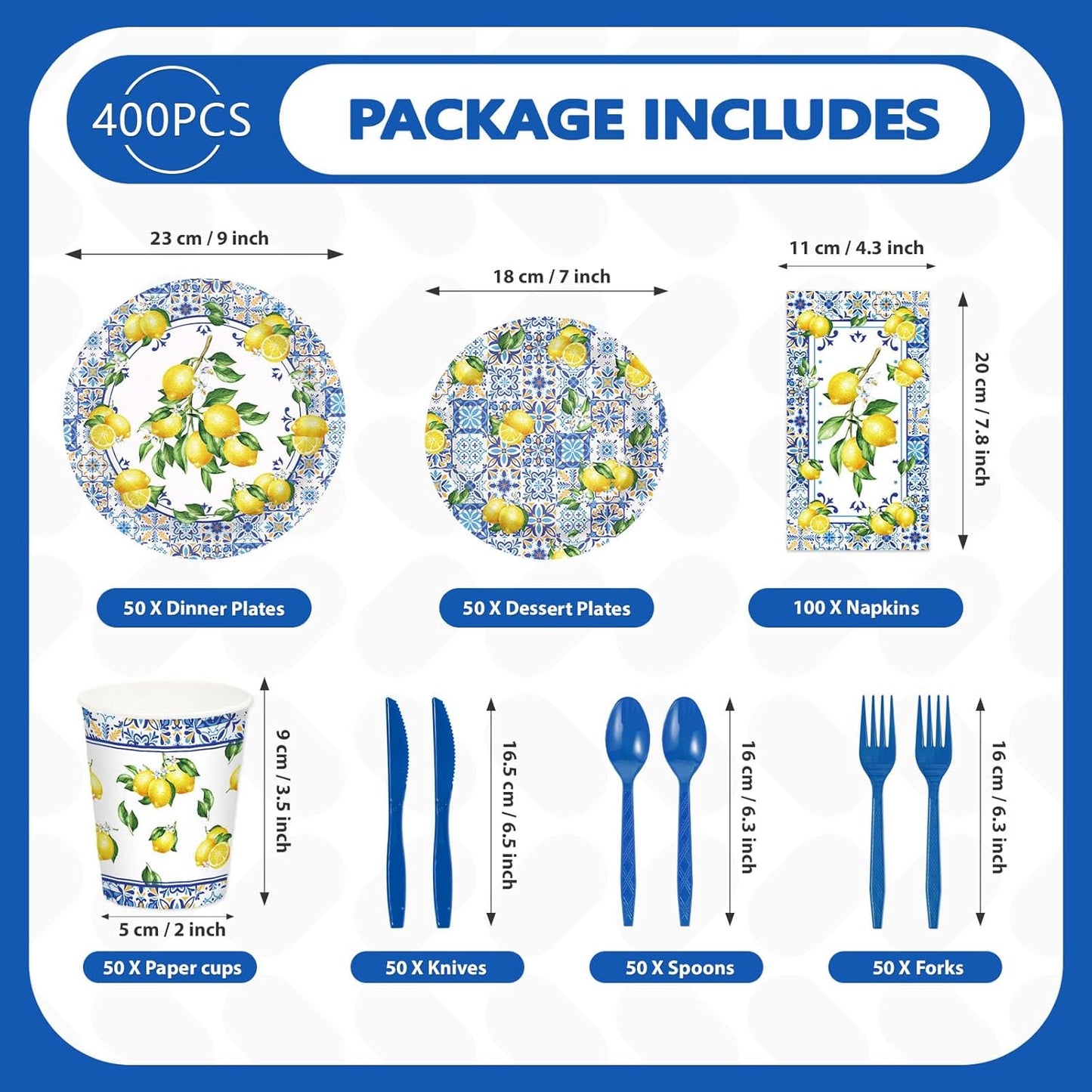 400Pcs Capri Lemon Party Decoration Blue Tiles Plates Napkins Cups Forks Knives Spoons Blue Yellow Lemons Disposable Tableware Set for Wedding Bridal Shower Italian Party Supplies Serves 50
