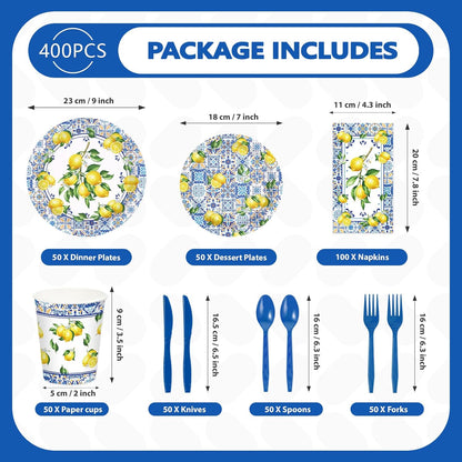 400Pcs Capri Lemon Party Decoration Blue Tiles Plates Napkins Cups Forks Knives Spoons Blue Yellow Lemons Disposable Tableware Set for Wedding Bridal Shower Italian Party Supplies Serves 50