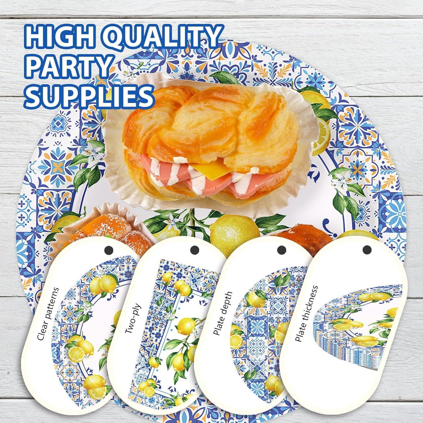 400Pcs Capri Lemon Party Decoration Blue Tiles Plates Napkins Cups Forks Knives Spoons Blue Yellow Lemons Disposable Tableware Set for Wedding Bridal Shower Italian Party Supplies Serves 50