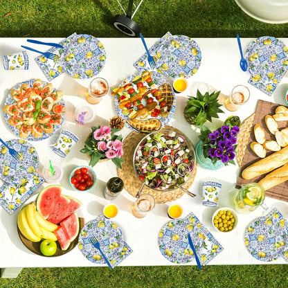 400Pcs Capri Lemon Party Decoration Blue Tiles Plates Napkins Cups Forks Knives Spoons Blue Yellow Lemons Disposable Tableware Set for Wedding Bridal Shower Italian Party Supplies Serves 50