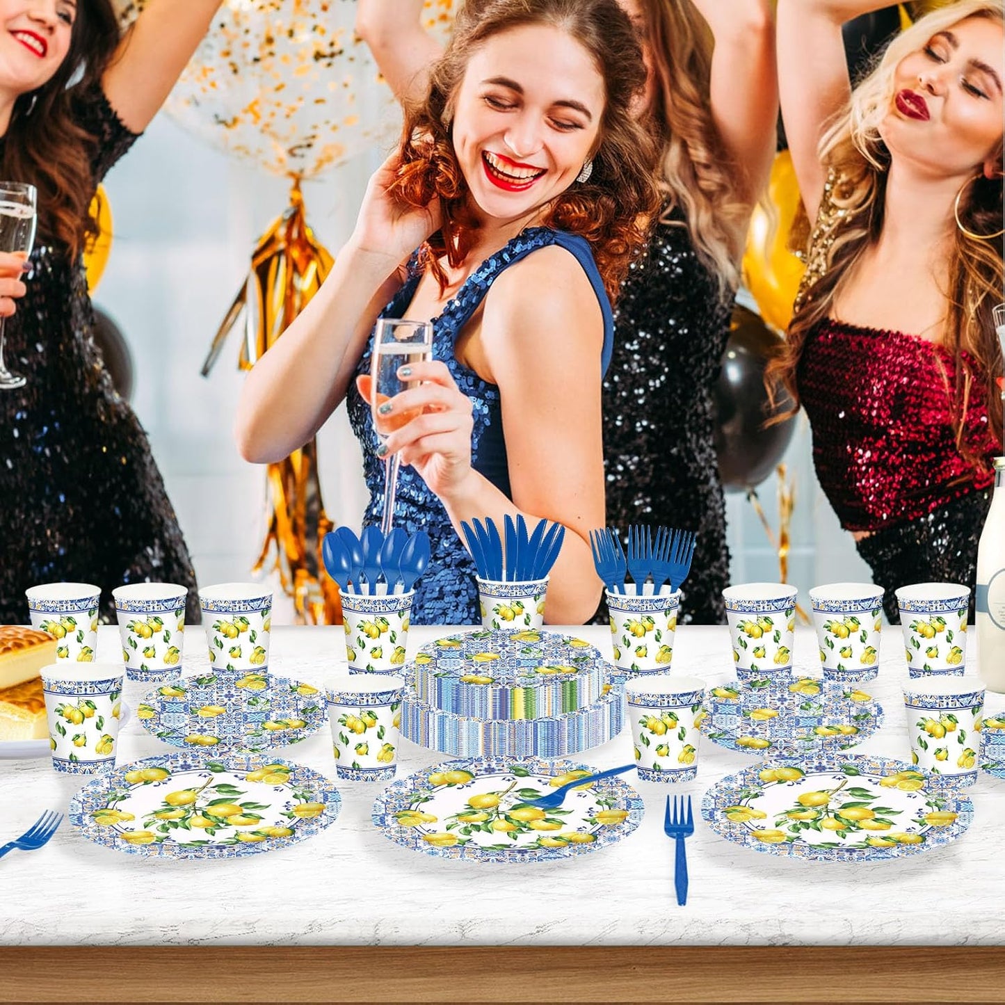 400Pcs Capri Lemon Party Decoration Blue Tiles Plates Napkins Cups Forks Knives Spoons Blue Yellow Lemons Disposable Tableware Set for Wedding Bridal Shower Italian Party Supplies Serves 50
