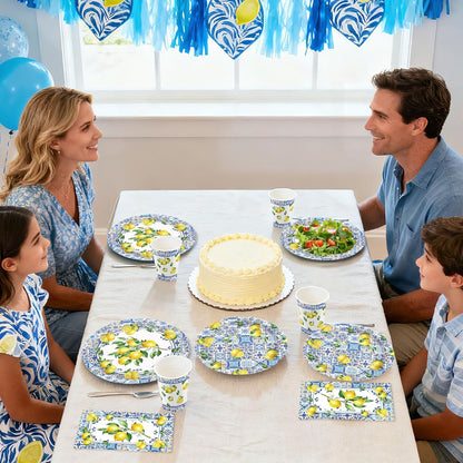 400Pcs Capri Lemon Party Decoration Blue Tiles Plates Napkins Cups Forks Knives Spoons Blue Yellow Lemons Disposable Tableware Set for Wedding Bridal Shower Italian Party Supplies Serves 50