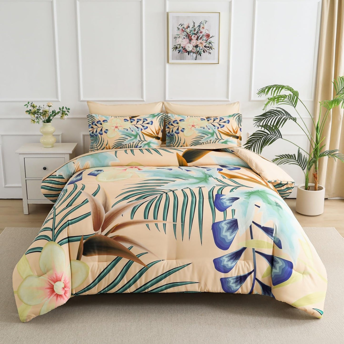 7 Piece Bed in a Bag Queen Size Comforter Set Khaki Bedding Set,Yellow Floral Green Leaves Pattern Reversible Design,Soft Microfiber Comforter with Sheet Set,All Season(Khaki,Queen)