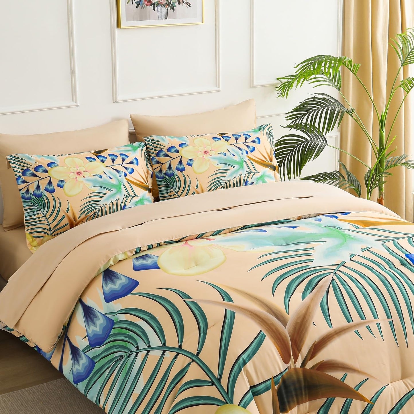 7 Piece Bed in a Bag Queen Size Comforter Set Khaki Bedding Set,Yellow Floral Green Leaves Pattern Reversible Design,Soft Microfiber Comforter with Sheet Set,All Season(Khaki,Queen)