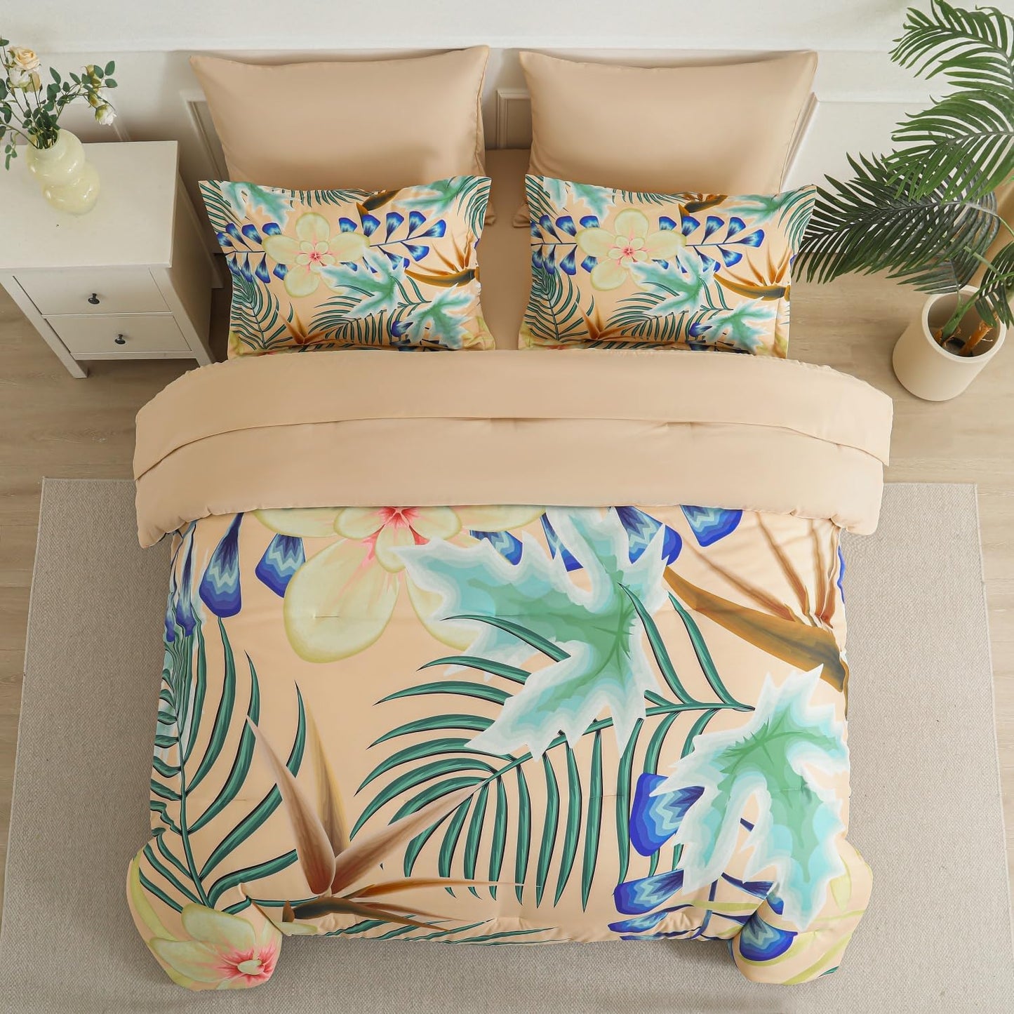 7 Piece Bed in a Bag Queen Size Comforter Set Khaki Bedding Set,Yellow Floral Green Leaves Pattern Reversible Design,Soft Microfiber Comforter with Sheet Set,All Season(Khaki,Queen)
