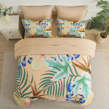 7 Piece Bed in a Bag Queen Size Comforter Set Khaki Bedding Set,Yellow Floral Green Leaves Pattern Reversible Design,Soft Microfiber Comforter with Sheet Set,All Season(Khaki,Queen)