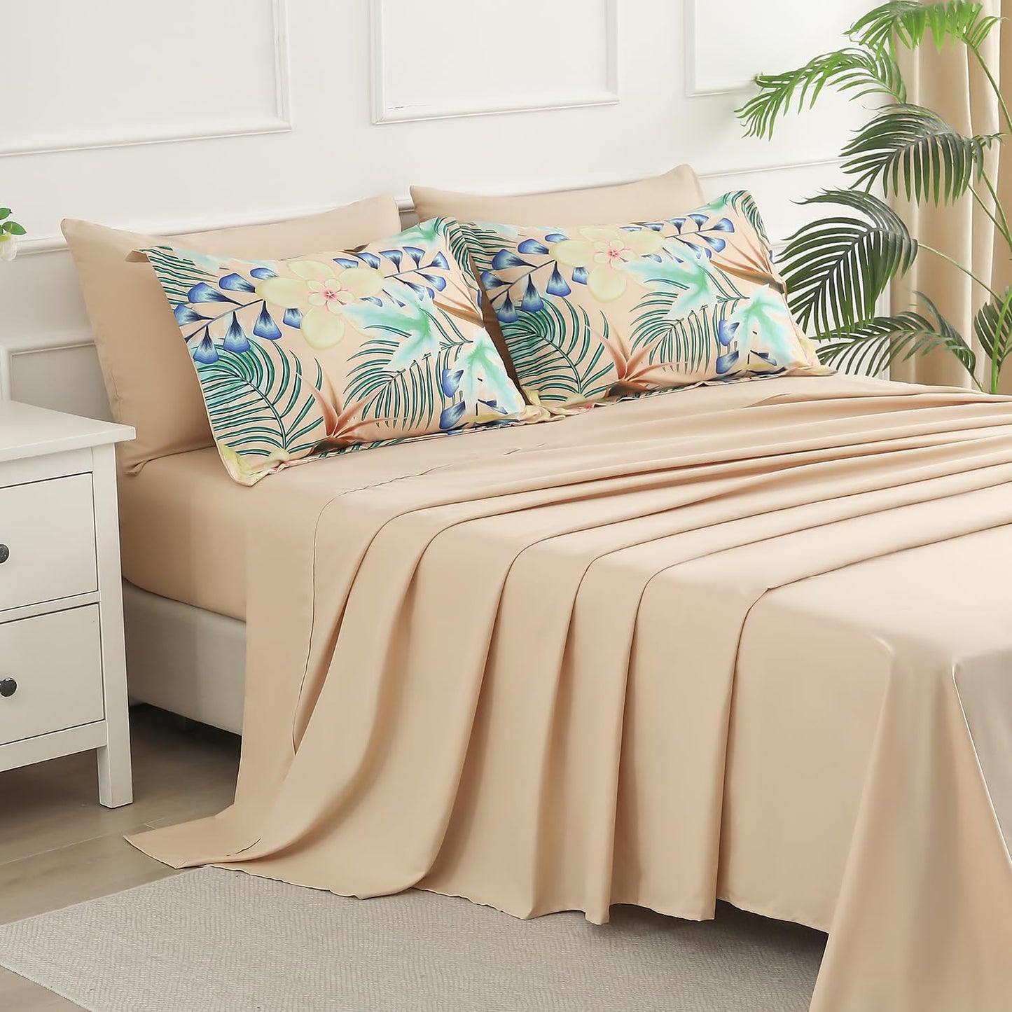 7 Piece Bed in a Bag Queen Size Comforter Set Khaki Bedding Set,Yellow Floral Green Leaves Pattern Reversible Design,Soft Microfiber Comforter with Sheet Set,All Season(Khaki,Queen)