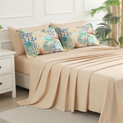 7 Piece Bed in a Bag Queen Size Comforter Set Khaki Bedding Set,Yellow Floral Green Leaves Pattern Reversible Design,Soft Microfiber Comforter with Sheet Set,All Season(Khaki,Queen)