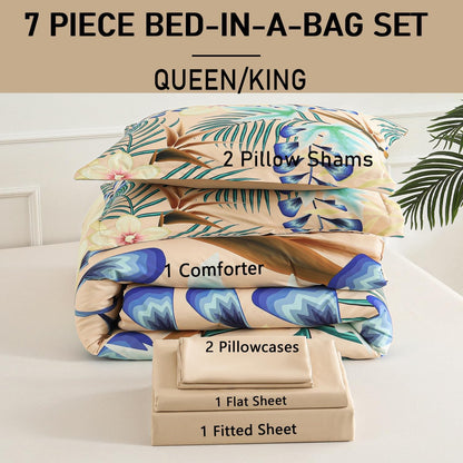 7 Piece Bed in a Bag Queen Size Comforter Set Khaki Bedding Set,Yellow Floral Green Leaves Pattern Reversible Design,Soft Microfiber Comforter with Sheet Set,All Season(Khaki,Queen)
