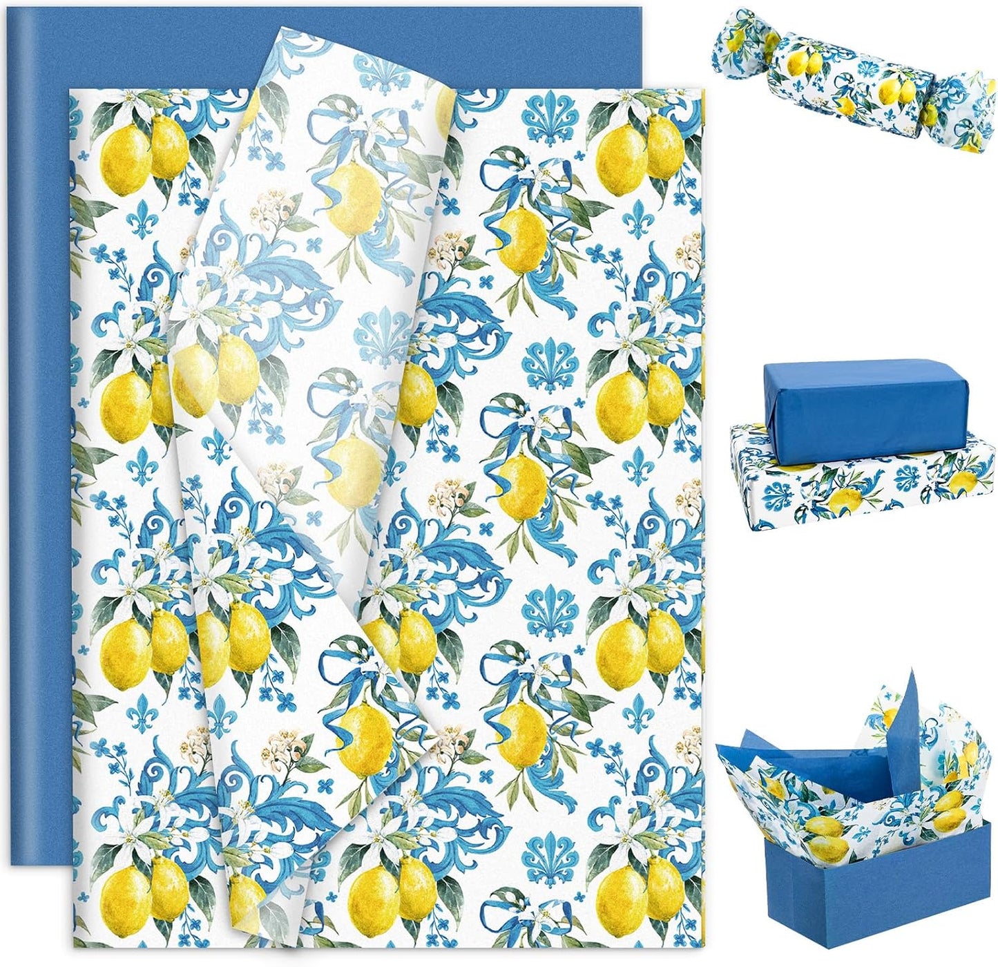100 Sheet Lemon Tissue Paper Blue Floral Yellow Lemon Art Tissue Vintage Spring Summer Wrapping Paper for Seasonal Birthday Wedding Baby Shower DIY Crafts Gift Packing, 13.8 x 19.7 In