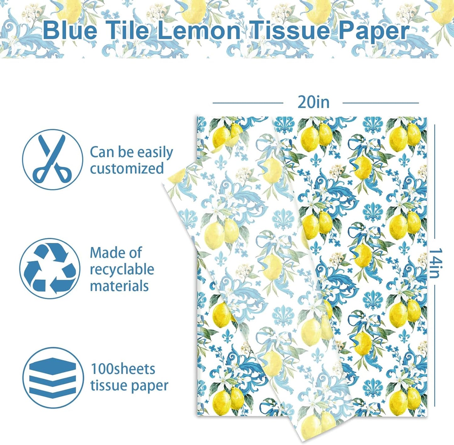 100 Sheet Lemon Tissue Paper Blue Floral Yellow Lemon Art Tissue Vintage Spring Summer Wrapping Paper for Seasonal Birthday Wedding Baby Shower DIY Crafts Gift Packing, 13.8 x 19.7 In
