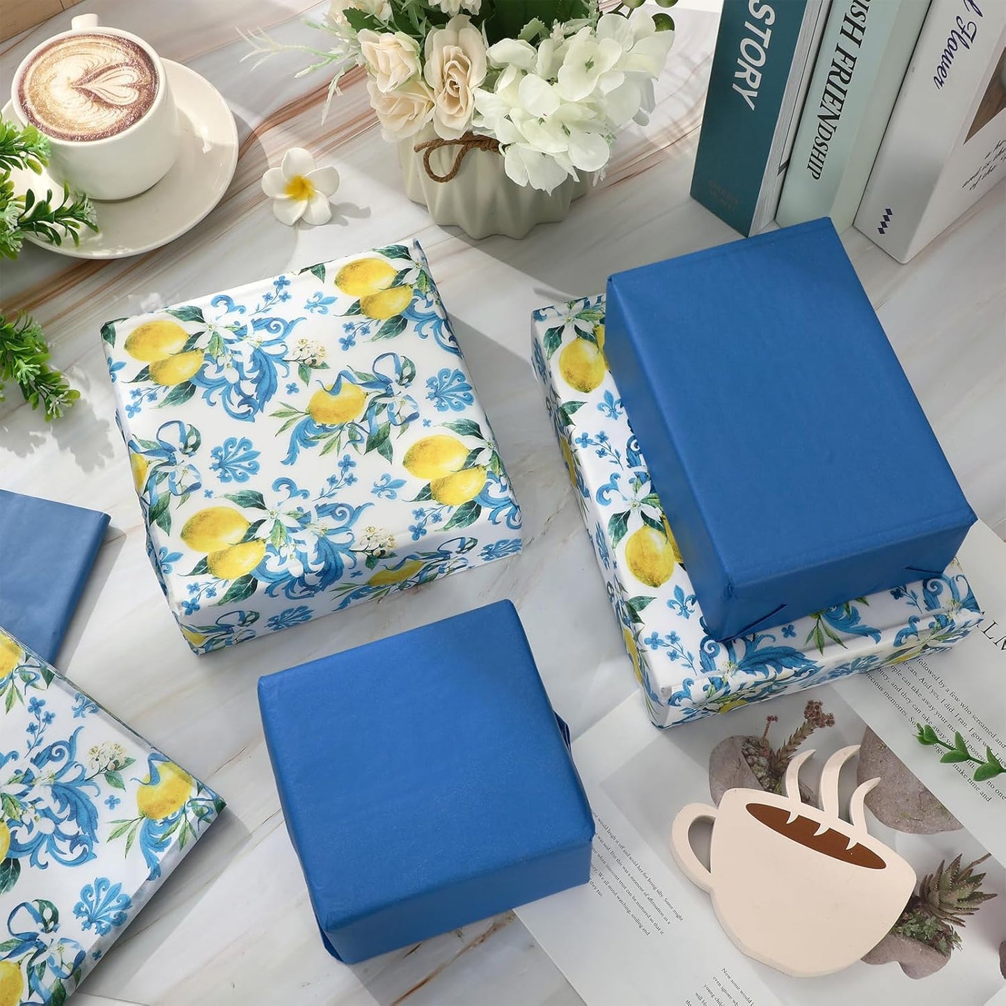 100 Sheet Lemon Tissue Paper Blue Floral Yellow Lemon Art Tissue Vintage Spring Summer Wrapping Paper for Seasonal Birthday Wedding Baby Shower DIY Crafts Gift Packing, 13.8 x 19.7 In